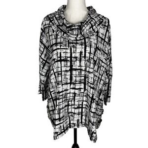 Ali Miles Knit‎ Cowl Neck Tunic Top Women's Size Large White Black 3/4 Sleeve